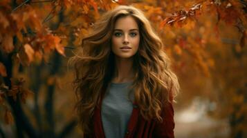 sereen jong vrouw in natuur omringd door herfst bladeren foto