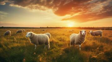 schapen grazen in gouden weide Bij zonsondergang foto