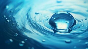 glimmend regendruppel Aan abstract blauw water oppervlakte foto