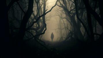 silhouet in mist spookachtig Woud mysterie geopenbaard foto