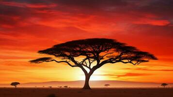 silhouet van acacia boom Aan duidelijk rustig dageraad in Afrika foto