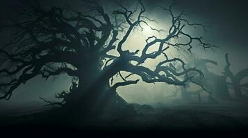 silhouet van spookachtig boom Aan nevelig nacht foto