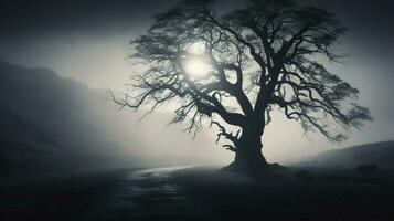 silhouet van boom in spookachtig mistig landschap foto