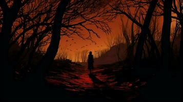 silhouet van wandelen in spookachtig bossen foto