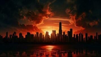 silhouet wolkenkrabbers tegen dramatisch zonsondergang lucht foto