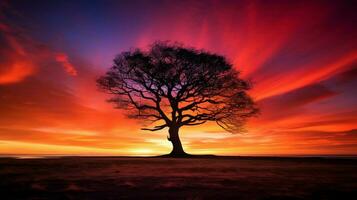 silhouet boom verlicht door levendig zonsondergang lucht foto