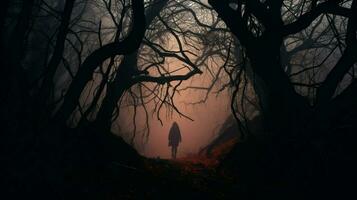 silhouet wandelen door spookachtig Woud in mist foto