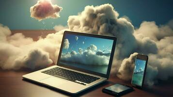 smartphone en laptop communiceren draadloos over- wolk foto