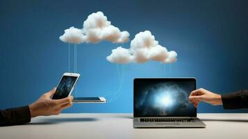 smartphone en laptop communiceren draadloos over- wolk foto