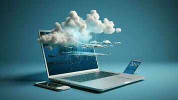 smartphone en laptop communiceren draadloos over- wolk foto