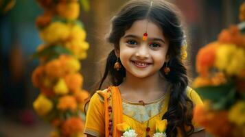 glimlachen schattig meisje in traditioneel jurk viert blij foto