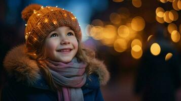 glimlachen meisje verlichte door Kerstmis lichten genieten van foto