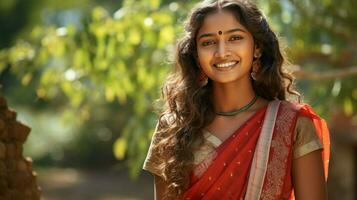 glimlachen Indisch meisje in traditioneel sari buitenshuis foto