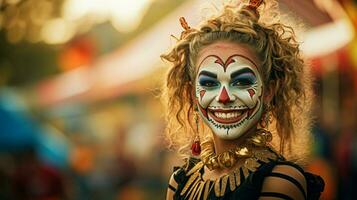 glimlachen vrouw in traditioneel kostuum viert halloween foto