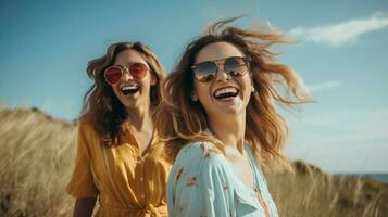 glimlachen jong Dames genieten zomer vakanties buitenshuis foto