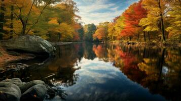 glad vloeiende water weerspiegelt levendig herfst kleuren foto