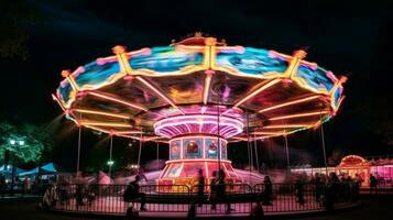 spinnen carrousel brengt vreugde naar 's nachts menigte foto