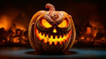 spookachtig halloween nacht gloeiend pompoen lantaarn onheil glimlachen foto