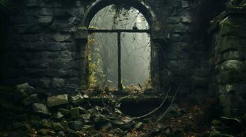 spookachtig oud ruïneren gebroken venster afwezigheid van leven foto