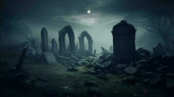 spookachtig oud ruïneren mysterie van oude grafsteen in mistig land- foto