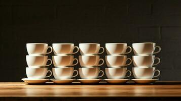 stack van koffie cups in een rij Aan tafel Nee mensen foto