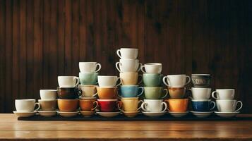 stack van koffie cups in een rij Aan tafel Nee mensen foto