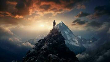 staand silhouet overwint berg top dramatisch lucht foto