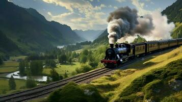 stoom- trein puffen door landelijk berghelling landschap foto
