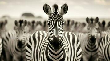 gestreept zebra kudde in monochroom savanne schoonheid foto