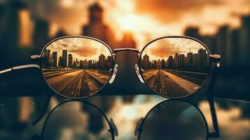 zonnebril reflectie dichtbij omhoog gezichtsvermogen stedelijk horizon mod foto