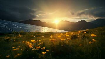 zonsondergang natuur biedt hernieuwbaar energie door zonne- macht foto