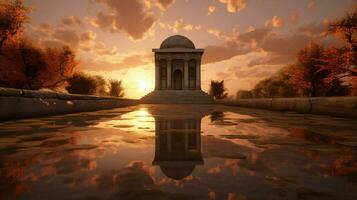 zonsondergang reflectie Aan oude mausoleum marmeren graf foto