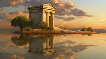 zonsondergang reflectie Aan oude mausoleum marmeren graf foto