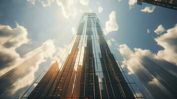 hoog staal wolkenkrabber weerspiegelt modern stad leven foto