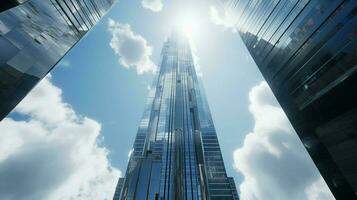 hoog staal wolkenkrabber weerspiegelt modern stad leven foto