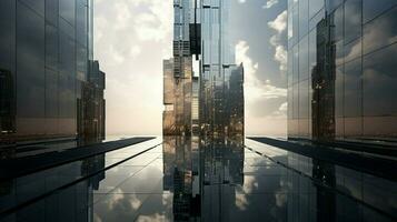 hoog staal wolkenkrabber weerspiegelt modern stad leven foto