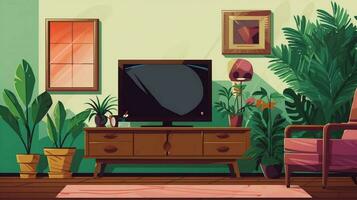 televisie en kamerplanten in kamer tafereel foto