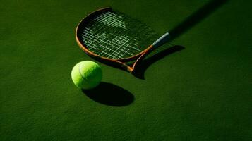 tennis bal racket en schaduw Aan groen gras foto