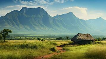 rieten hut temidden van bergachtig Afrikaanse landschap foto