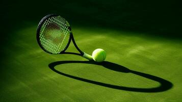 tennis bal racket en schaduw Aan groen gras foto
