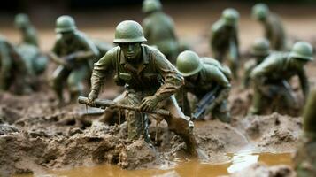 speelgoed- soldaten in modder het richten voor zege foto