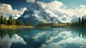 rustig tafereel majestueus berg top weerspiegelt in rustig foto