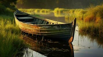 rustig tafereel oud roeiboot Aan gras reflecterend natuur schoonheid foto