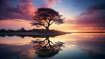 rustig tafereel boom weerspiegelt schoonheid in natuur water foto