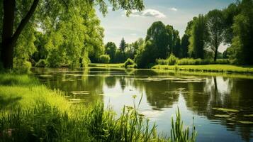 rustig zomer vijver weerspiegelt weelderig groen landschap schoonheid foto