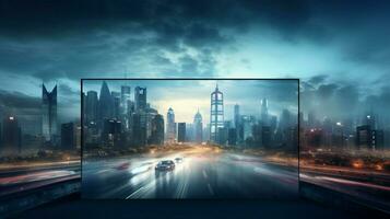 TV met stad horizon verlichte Bij schemer met verkeer foto
