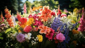levendig boeket van multi gekleurde bloemen in formeel tuin foto