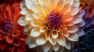 levendig bloemblaadjes van een multi gekleurde dahlia in herfst schoonheid foto