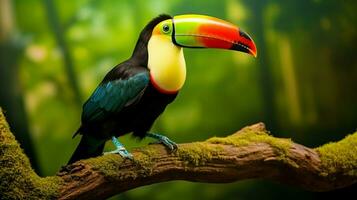levendig toekan neerstrijken Aan Afdeling in tropisch regenwoud foto