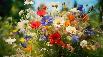 levendig wilde bloemen boeket brengt schoonheid naar onbeschaafd foto